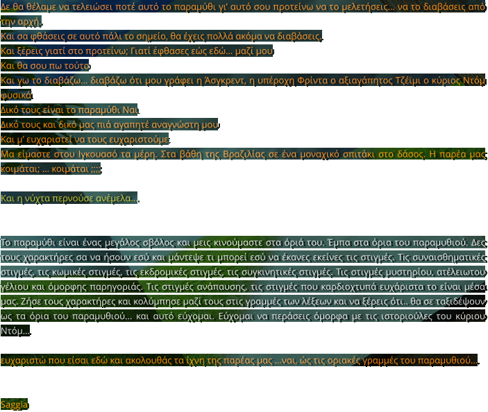 Δε θα θέλαμε να τελειώσει ποτέ αυτό το παραμύθι γι’ αυτό σου προτείνω να το μελετήσεις… να το διαβάσεις από την αρχή. Και σα φθάσεις σε αυτό πάλι το σημείο, θα έχεις πολλά ακόμα να διαβάσεις. Και ξέρεις γιατί στο προτείνω; Γιατί έφθασες εώς εδώ… μαζί μου Και θα σου πω τούτο Και γω το διαβάζω… διαβάζω ότι μου γράφει η Άσγκρεντ, η υπέροχη Φρίντα ο αξιαγάπητος Τζέϊμι ο κύριος Ντόμ φυσικά Δικό τους είναι το παραμύθι Ναι Δικό τους και δικό μας πιά αγαπητέ αναγνώστη μου Και μ’ ευχαριστεί να τους ευχαριστούμε Μα είμαστε στου Ιγκουασό τα μέρη. Στα βάθη της Βραζιλίας σε ένα μοναχικό σπιτάκι στο δάσος. Η παρέα μας κοιμάται; … κοιμάται ;;;;  Και η νύχτα περνούσε ανέμελα...    Το παραμύθι είναι ένας μεγάλος σβόλος και μεις κινούμαστε στα όριά του. Έμπα στα όρια του παραμυθιού. Δες τους χαρακτήρες σα να ήσουν εσύ και μάντεψε τι μπορεί εσύ να έκανες εκείνες τις στιγμές. Τiς συναισθηματικές στιγμές, τις κωμικές στιγμές, τις εκδρομικές στιγμές, τις συγκινητικές στιγμές. Τις στιγμές μυστηρίου, ατέλειωτου γέλιου και όμορφης παρηγοριάς. Τις στιγμές ανάπαυσης, τις στιγμές που καρδιοχτυπά ευχάριστα το είναι μέσα μας. Ζήσε τους χαρακτήρες και κολύμπησε μαζί τους στις γραμμές των λέξεων και να ξέρεις ότι.. θα σε ταξιδέψουν ως τα όρια του παραμυθιού... και αυτό εύχομαι. Εύχομαι να περάσεις όμορφα με τις ιστοριούλες του κύριου Ντόμ…   ευχαριστώ που είσαι εδώ και ακολουθάς τα ίχνη της παρέας μας …ναι, ώς τις οριακές γραμμές του παραμυθιού…    Saggia